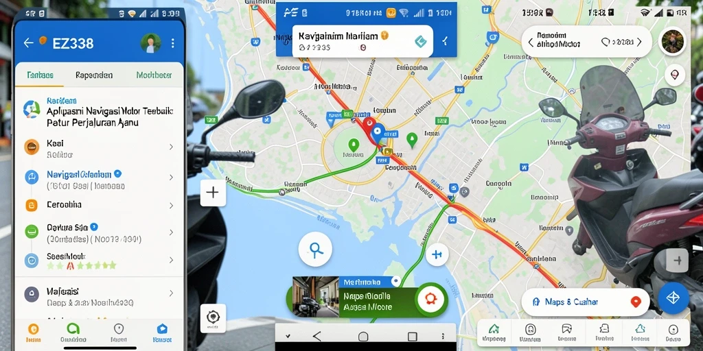 Tampilan antarmuka EZ338 saat navigasi motor dengan peta dan lokasi terkini.