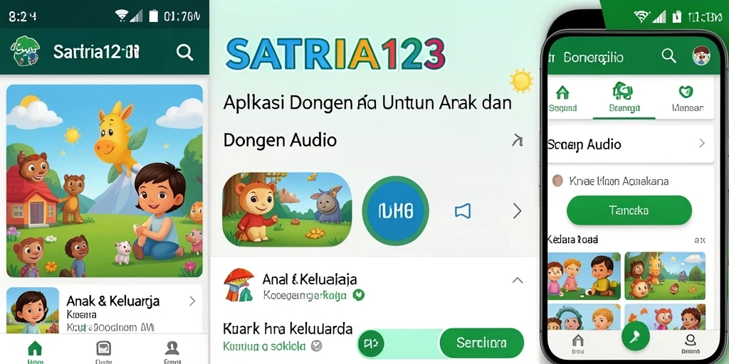 Antarmuka aplikasi SATRIA123 menampilkan cerita audio untuk anak-anak.